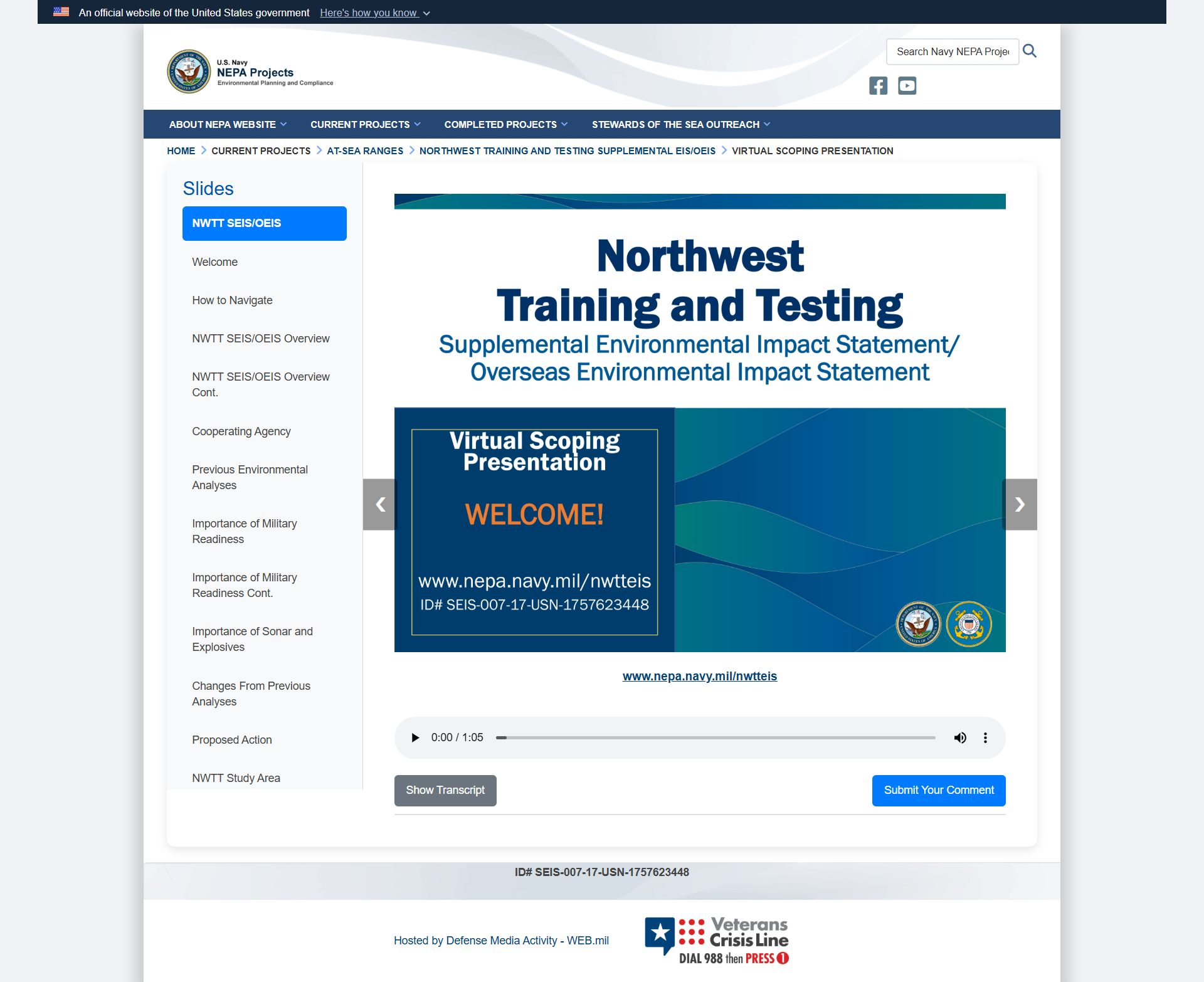 This is an image of the first slide of the Northwest Training and Testing Supplemental Environmental Impact Statement/Overseas Environmental Impact Statement Virtual Scoping Presentation.